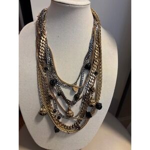 Dolce & Gabbana Multi Strand Chain Necklace Gold Silver Tone Black Rose Charms